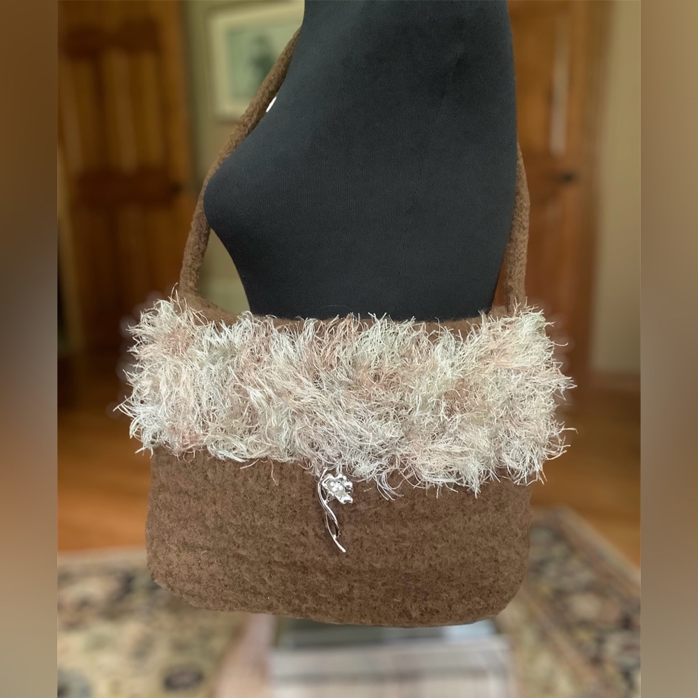 Hand Knitted Felted Wool Party Purse Shoulder Bag Brown